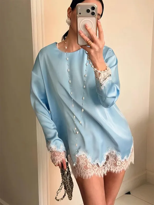 Women Light Blue Lace Satin Round Neck Dress Elegant Side Tie Long Sleeve Soft Short Gown 2026 Daily Vacation Party Sundress