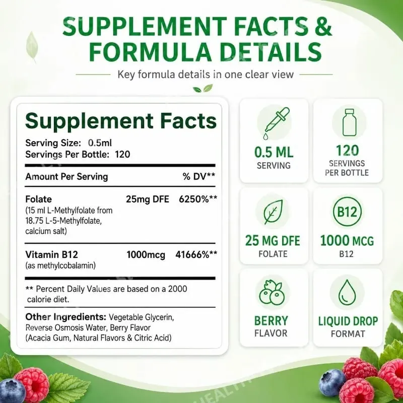 Methyl Folate Drops Liquid with Folate and Vitamin B12 Supports Brain Health for Nervous System Care - 120 Servings