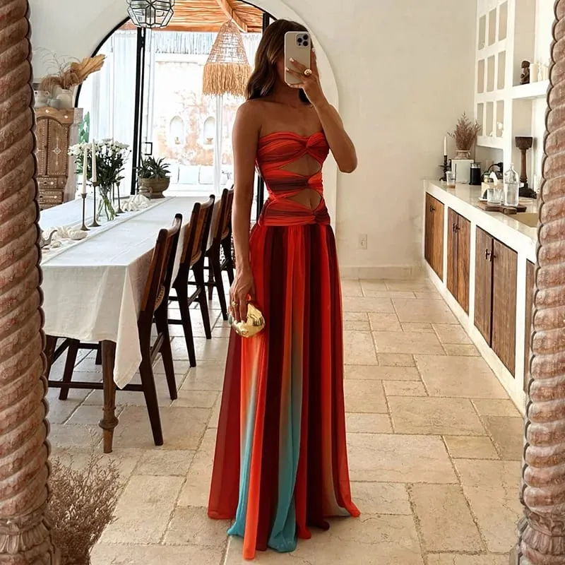 Tie-dye Gradient Hollow Out Women's Maxi Dress Elegant Off Shoulder A-line Hem Long Dresses New Summer 2025 Holiday Female Robes
