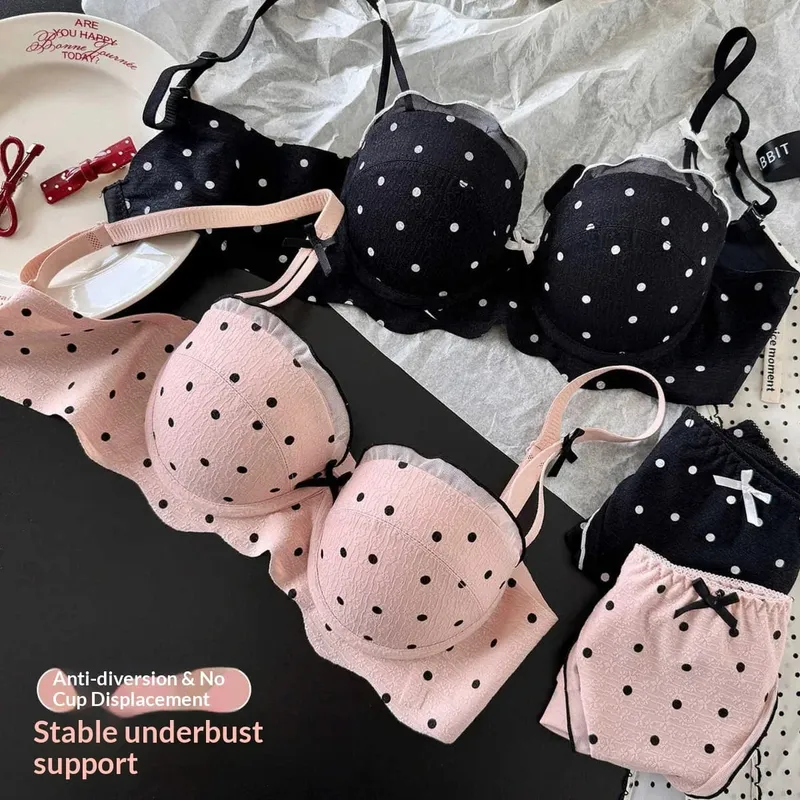 Conjunto de sujetador de lunares de encaje, conjunto de dos piezas con busto pequeño, colección de pecho lateral antiflacidez, conjunto de lencería cómodo sin aros