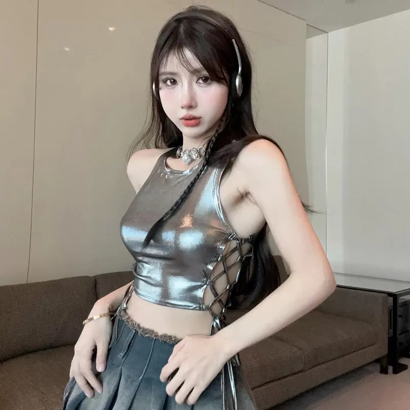 Sleeveless Hollow lace up Decorated Tank Sexy Casual Bodycon Top Party Club Streetwear Spring Summer