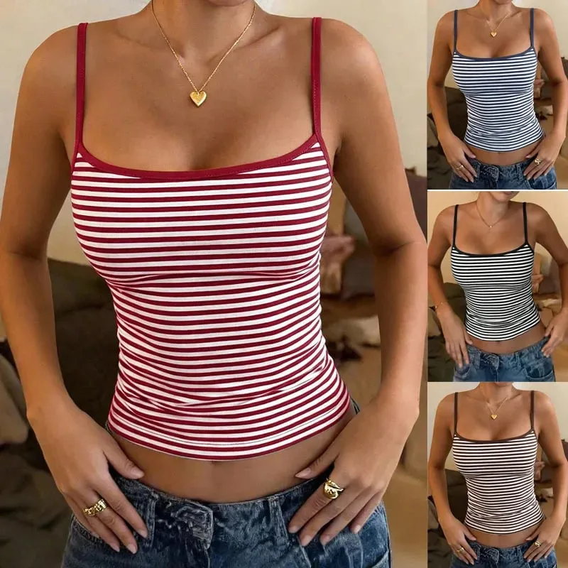 Women's 2026 New Vintage Striped Crop Top – Low Cut High Waist Slim Fit Tank Sexy Y2K Streetwear Camisole