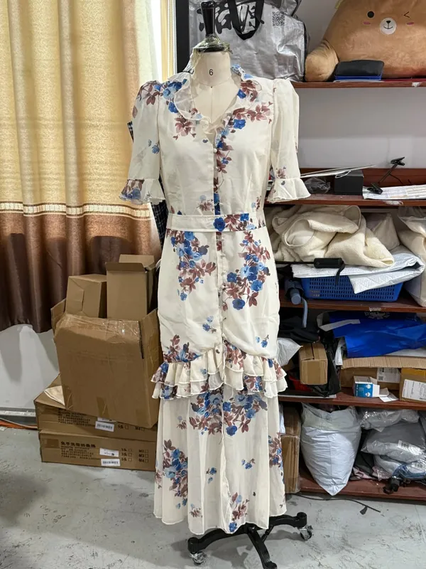 Women Floral Print Chiffon Maxi Dress Romantic Deep V-neck Flutter Sleeve High Low Lace Trim Dress 2026 Summer Elegant Lady Gown — image 11