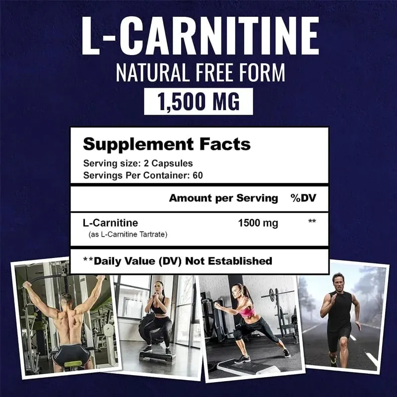 L-Carnitine Tartrate Premium Capsules 1500 mg - Natural Energy Production Supports Metabolism