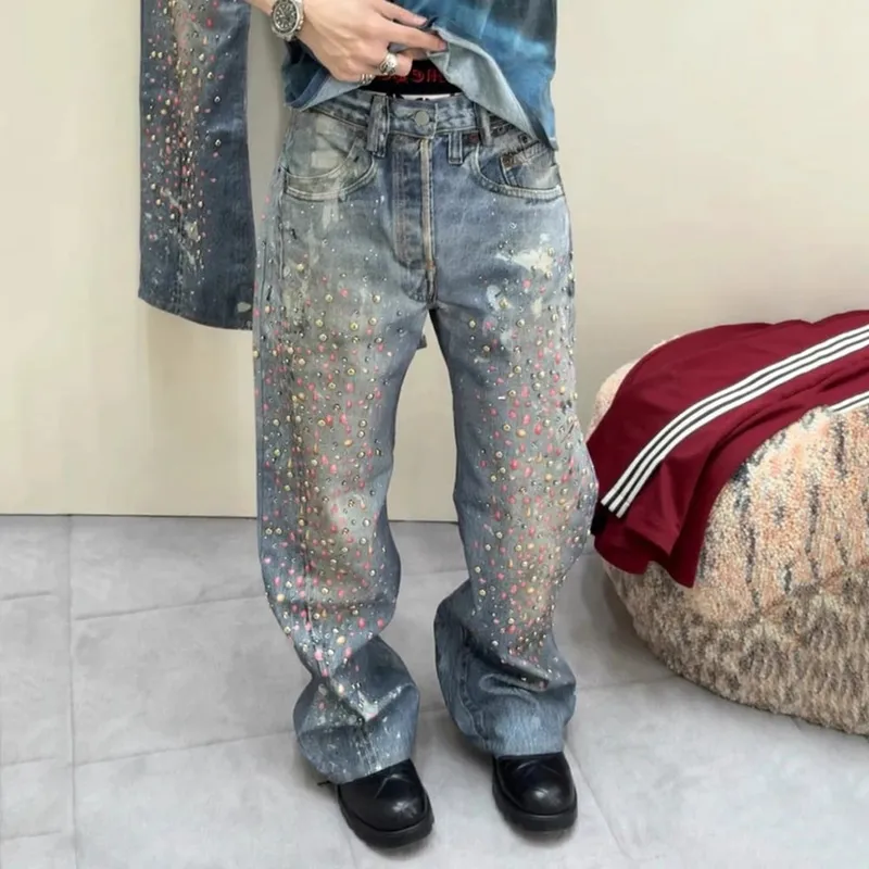 3D Printed Full Diamond Jeans for Men Straight Washed Distressed Shinning Diamon Denim Trousers Hip Hop Loose Baggy Jean Pants