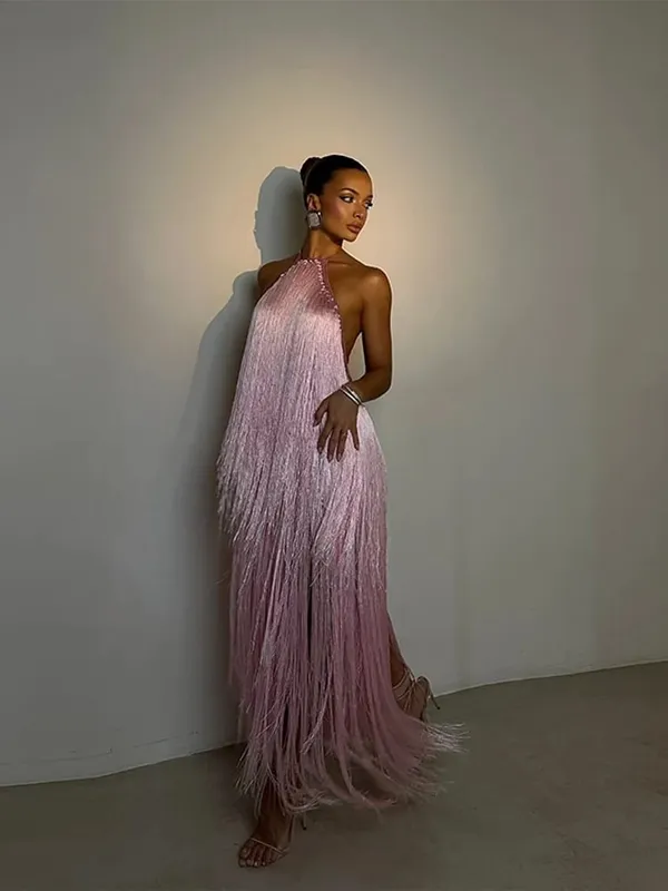 Party Women's Dress Halter Sleeveless Backless Tassel Solid Female Long Holiday Dresses 2026 Summer Fashion Elegant Lady Robe