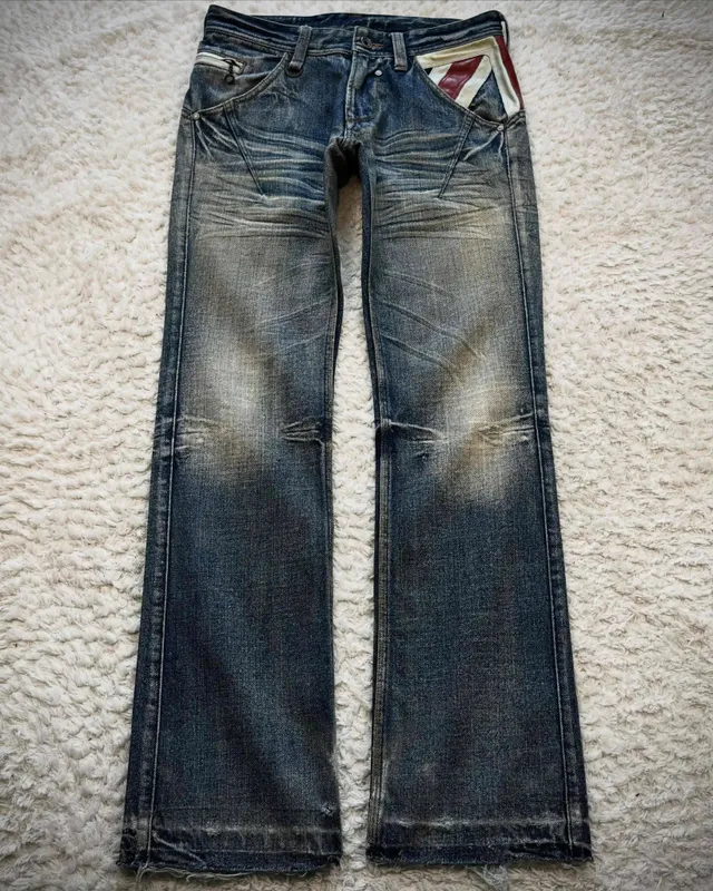 Vintage French Flag Pocket Patchwork Men's Jeans Y2K Low Waisted Straight Leg Blue Washed Denim Pants Women Casual Street Jeans