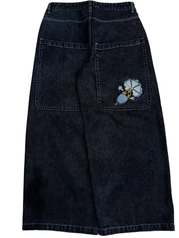 Men Gothic Cross Print Black Denim Baggy Pants Mid Waist Big Pocket Design Loose Fit Hip Hop Streetwear Jeans for Daily Casual