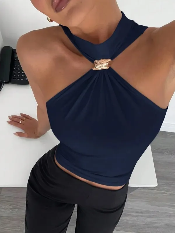Metal Ring Decor Twist Knot Sleeveless Tank Top for Women Summer Casual Elegant Office Style Halter Neck Slim Fit Crop Top