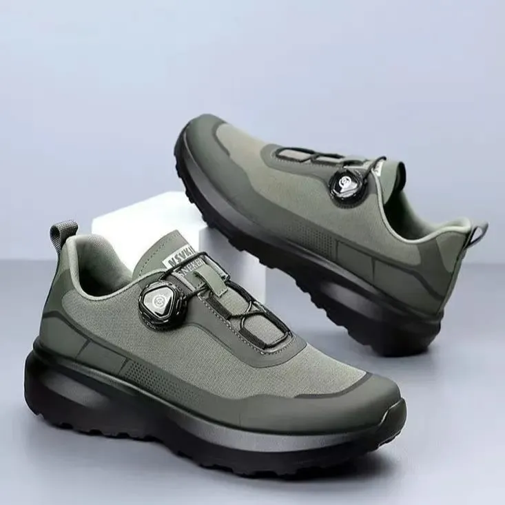 Men Black Casual Running Shoes Rotating Button Slip Resistant Thick Sole Outdoor Sneakers