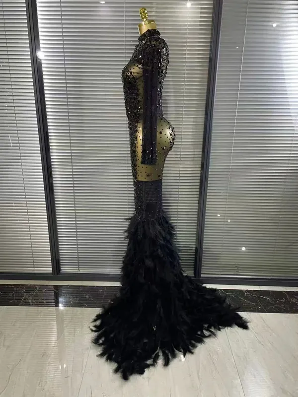 Black Red Women Long Sleeve Sexy Sparkly Crystal Mesh See Through Feathers Floor-length Mermaid Dress Panggabing Party Prom Outfit