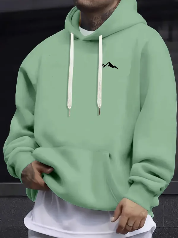 Men's autumn and winter casual fashion loose mountain print long sleeved hooded sweatshirt warm pullover