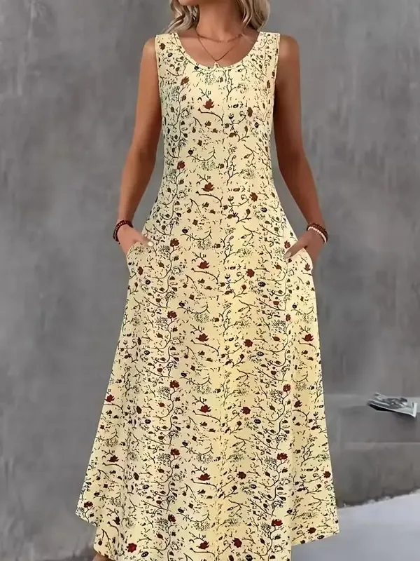 Women Summer Casual Sleeveless Floral Print Maxi Dress O Neck A-Line Long Dress With Pockets Loose Vestidos Beach Sundress