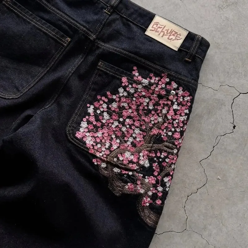 Y2K Baggy Jeans Cherry Blossom výšivka Džínové kalhoty Muži Ženy American Hiphop Streetwear Široká noha džínové kalhoty