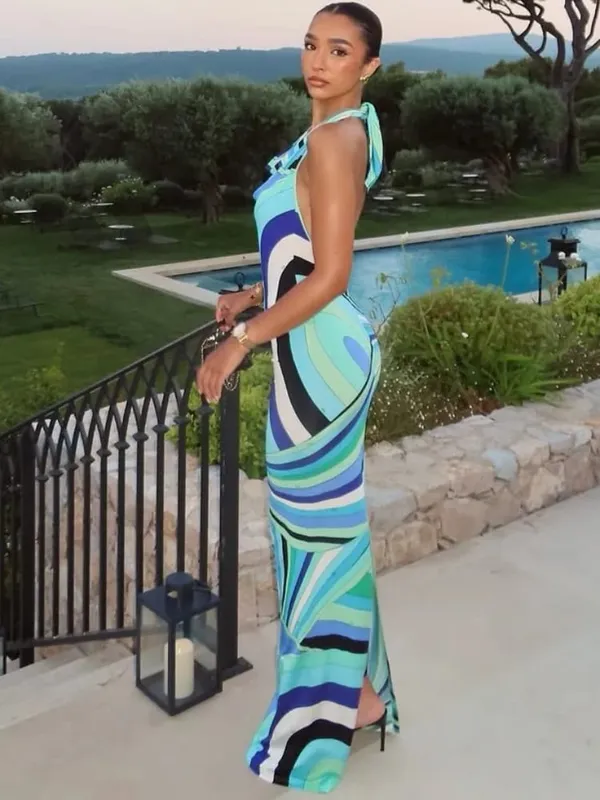Moda impressa halter vestido longo para mulheres elegante sem mangas sem costas magro bodycon maxi vestidos chiques verão praia festa roupões
