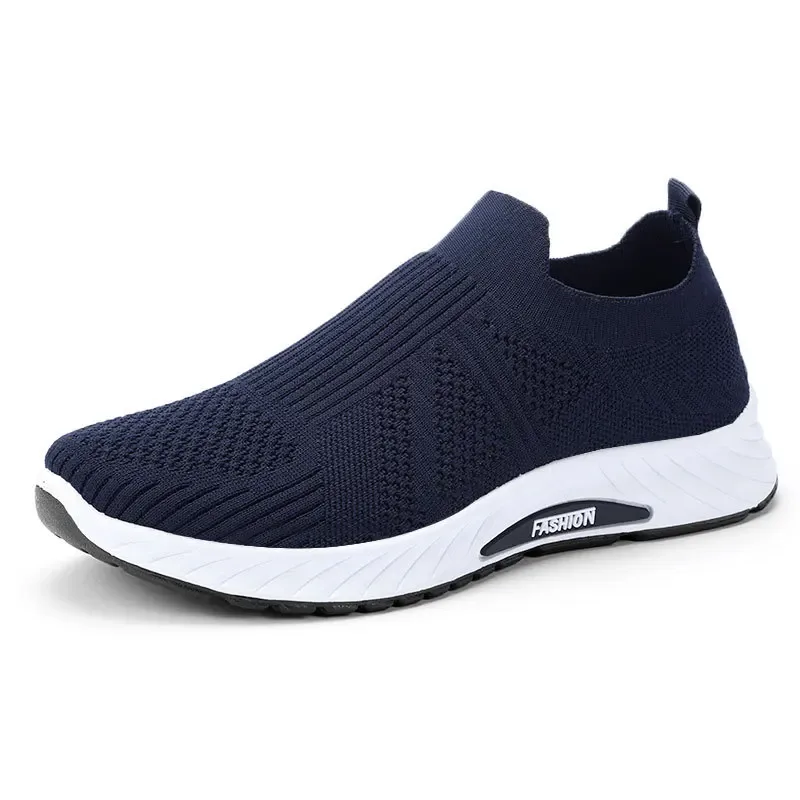 Men Breathable Knit Slip On Shoes Lightweight Cushioned Sole Round Toe Outdoor Elderly Walking Sneakers