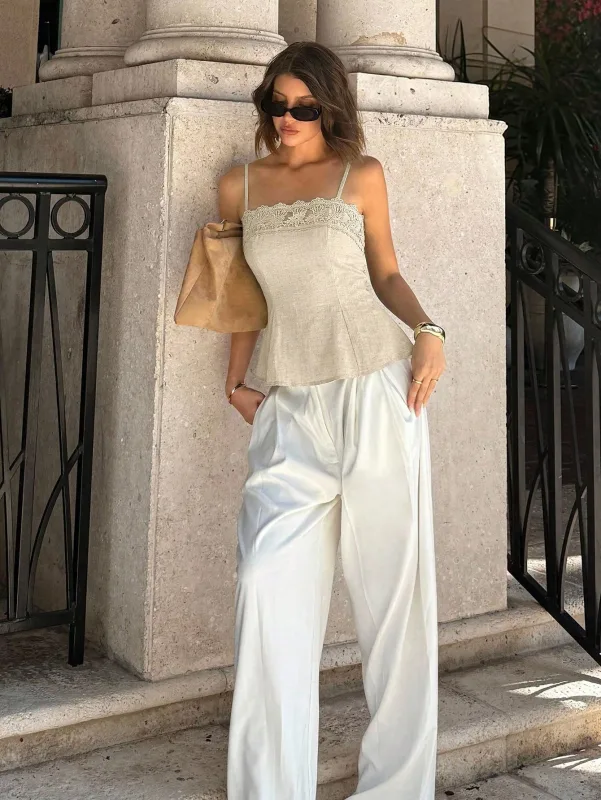 Vintage Beige Lace Spliced Camisole Women Slim Fit Peplum Hem Sling Top Casual Summer Sleeveless Vest