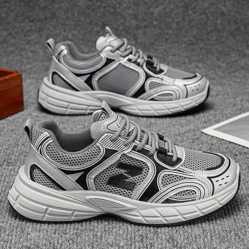 Men Breathable Mesh Dad Shoes Lightweight Casual Sneakers White Gray Daily Street Walking Footwear