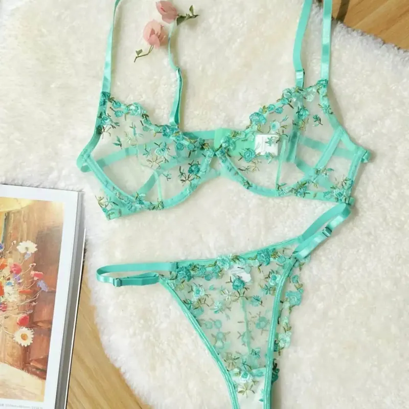French Floral Bra Set Women | Sweet Sexy Sheer Mesh Lace Transparent Underwear Set | Practical & Feminine MOYISU Sexy Panty Set