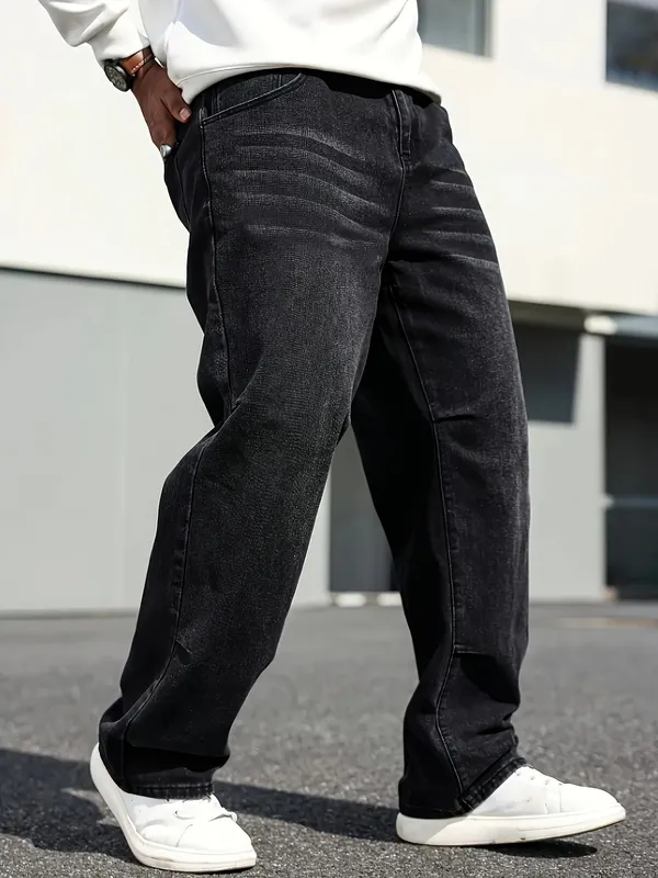 Klassiske jeans med lige ben til mænd - bomuldsblanding mørkeblå denim, ikke-stretch-komfortpasform til hele sæsonen med skrå lommer