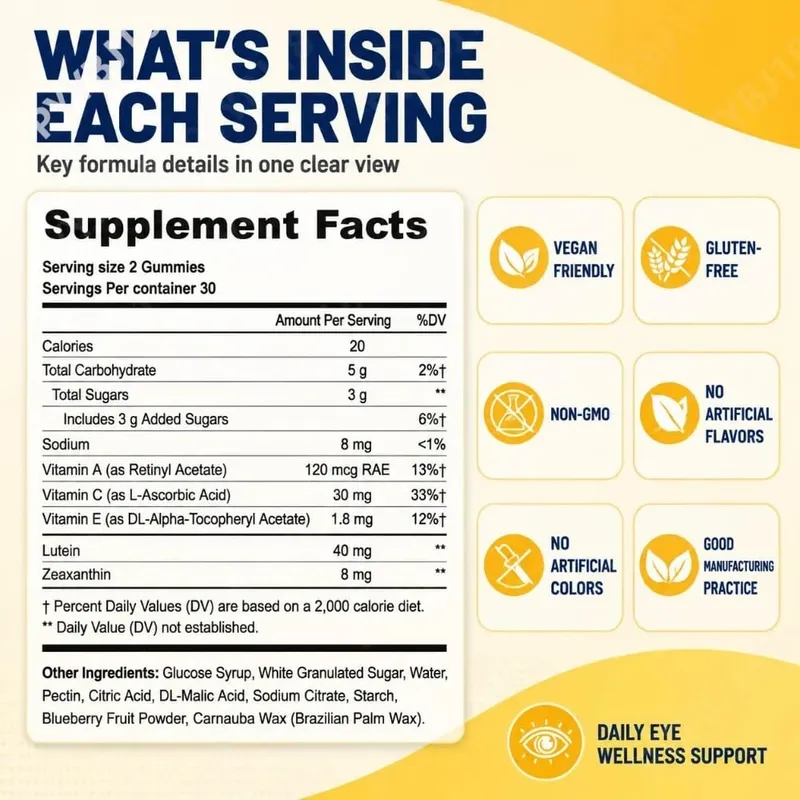 Lutein Eye Health Gummies 40mg with Zeaxanthin Vitamin A C & E Visual Support Blue Light Support & Eye Comfort Vegan 60 Count