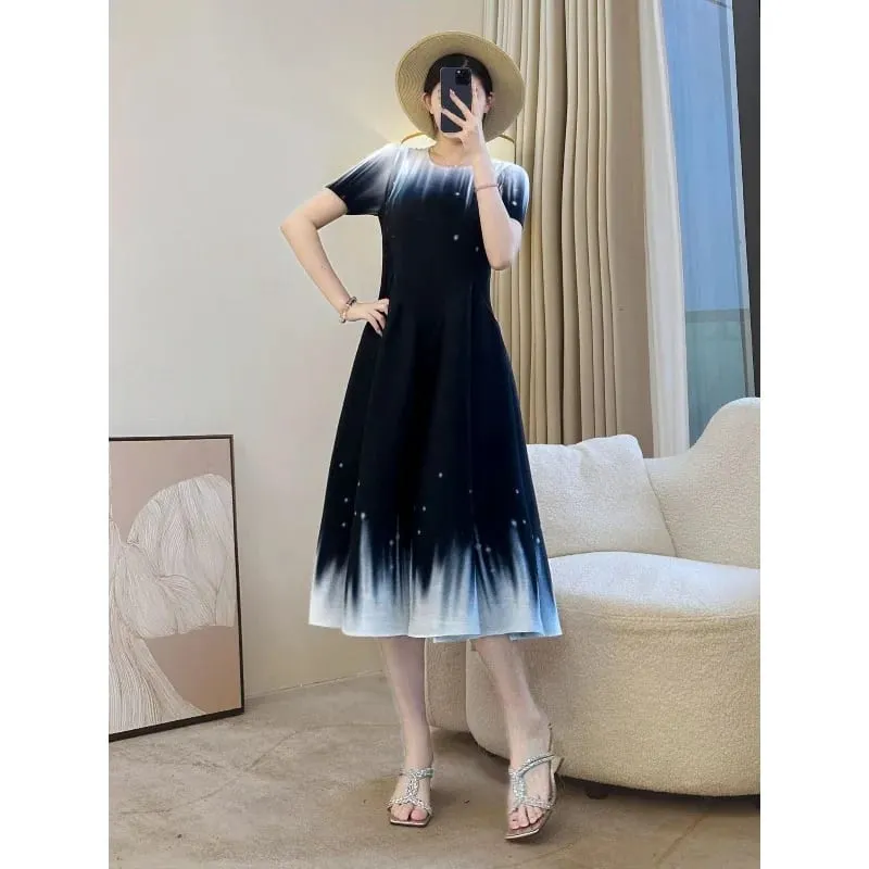 Miyake Pleated Printed Dresses European American Fashion Simple Elegant Short Sleeve Lightweight Women's Bounce Flower Bud Dress