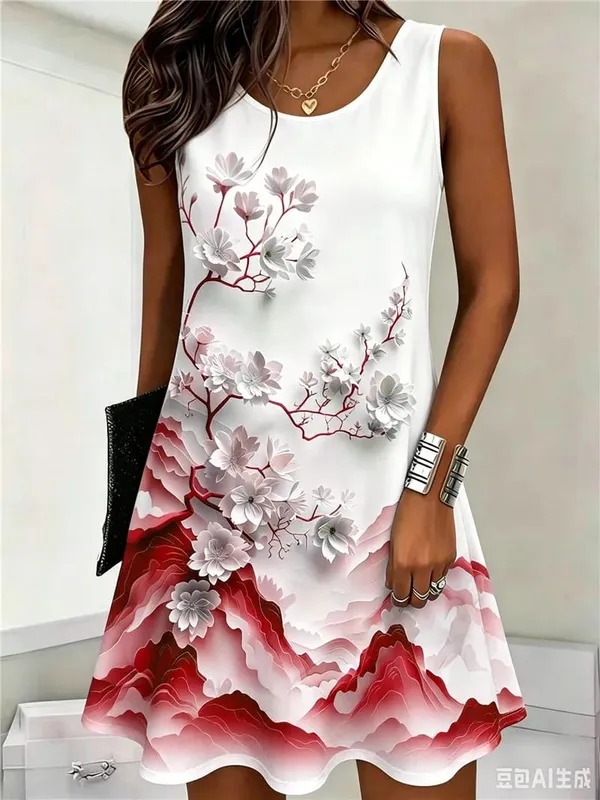 Flower Pattern Women Mini Dresses Summer Sleeveless 3D Floral Printed Street Style Ladies Dress 3XL Plus Size Loose Casual Dress