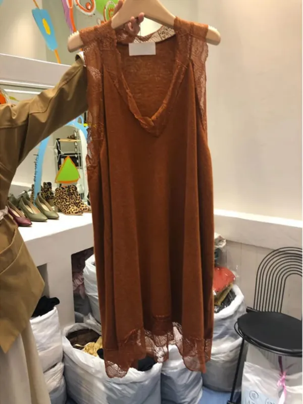 Elegant plus Size Summer Dress with Wood Grain Sleeveless Vest Style A-Line Midi Dress for Plump Women Korean Style