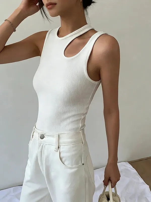Women's White Ribbed Knit Tank Top Round Neck Cut Out Shoulder Slim Fit Sleeveless Cami Casual Vest Spring Summer Daily Outfit