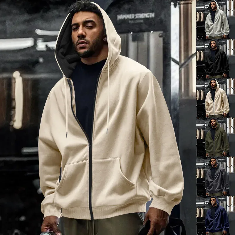 New 2026 Men's Autumn Casual Solid Long Sleeve Zipper Hooded Sweatshirt Coat Male Fashion Outdoors Sportswear Hoodies Jackets