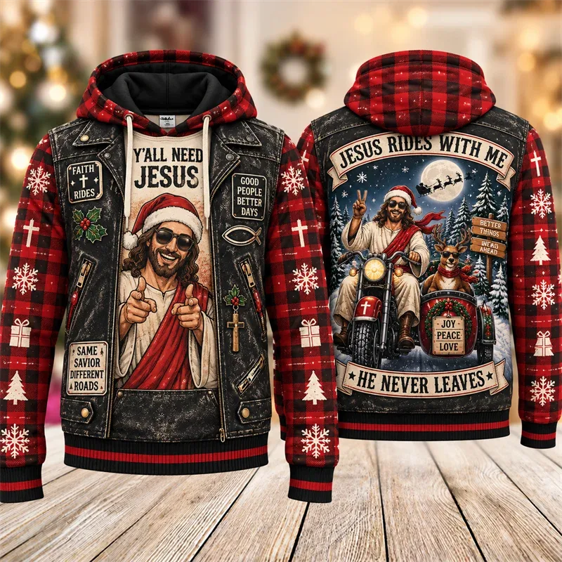 Funny Jesus Christmas Biker Hoodie 3D Graphic Motorcycle Rider Vintage Holiday Pullover Winter Streetwear Party Casual Gift