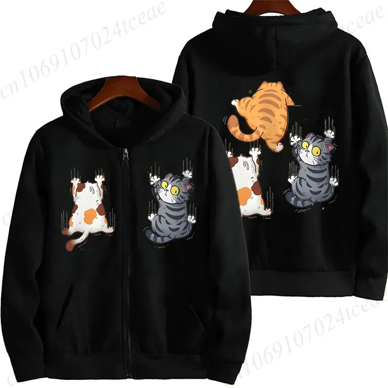 Zip‑Up Hoodie Funny Climbing Cats Graphic Print Long Sleeve Hooded Sweatshirt Front & Back Printed Casual Loose Jacket Outerwear