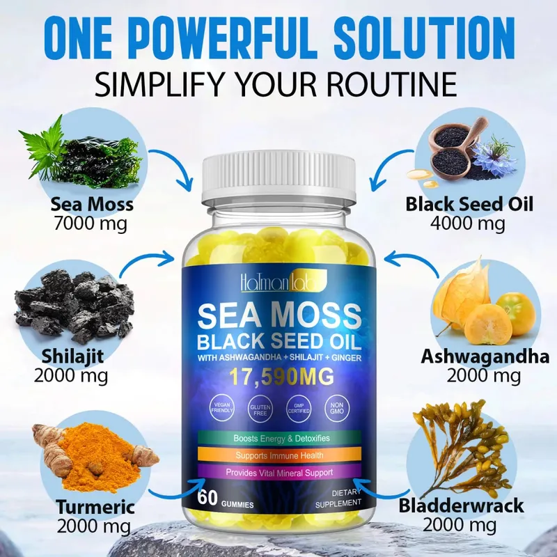 HalmanLabs Sea Moss Black Seed Oil Gummies with Vitamin C and Vitamin D for Immune Health and Vital Mineral Support 60 Gummies