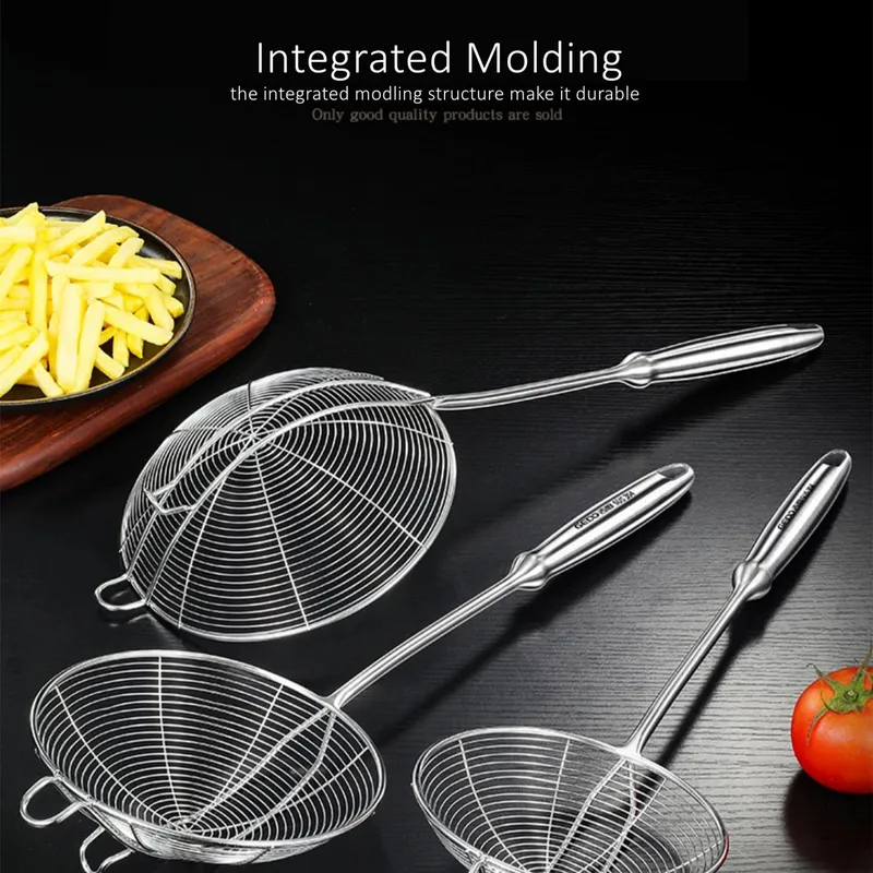 LFGB Certification 304 Stainless Steel Kitchen Cooking Colander Ultra Durable Wire Sieve 14~18cm Diameter Frying Scooping Tool