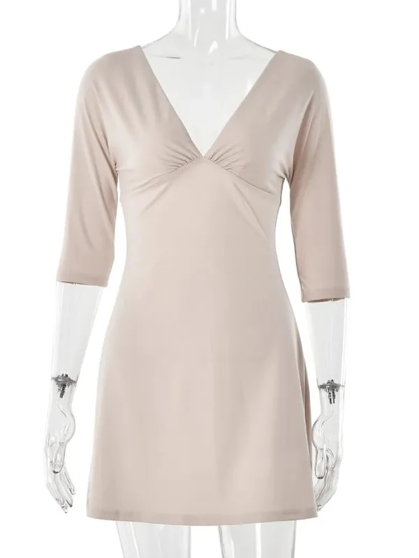 MO Sexy Deep V-neck Half Sleeve Women Mini Dress Solid High Waist Dress Femme Summer Slim Casual Vacation Beachwear 2026