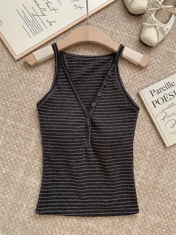 zjaiss Fashion Slim Fit Tank Top 2026 Summer V-neck Button Women Cami With Built-in Bra Pad Casual Basic Inner Top