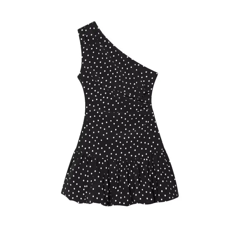 Women One Shoulder Sleeveless Polka Dot Mini Dress Ruched Waist Ruffle Hem Elegant Casual Party Short Dress Spring Summer
