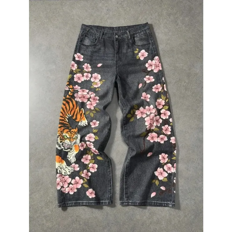Y2K retro casual fashion high street pattern men's jeans floral tiger pattern loose high waist wide leg casual women's jeans