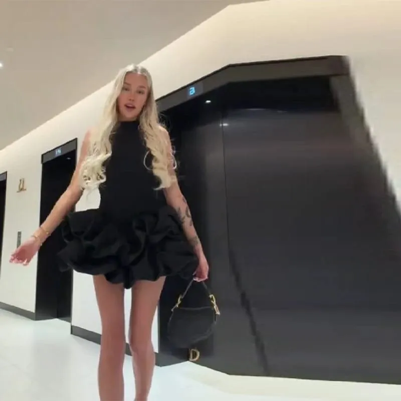 Vintage fransk miniklänning kvinnor Elegant solid 3D volangblommor Ärmlösa A-linje slimmade klänningar 2026 NYA Evening Paty Clubwear