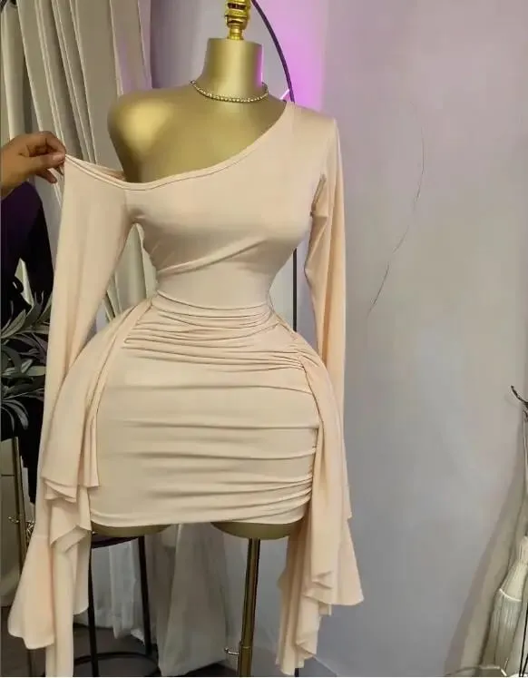 Women Drop Shoulder Flare Sleeve Ruffles Side Bodycon Midi Mini Dress 2026 Birthday Holiday Trendy Dresses Vestidos