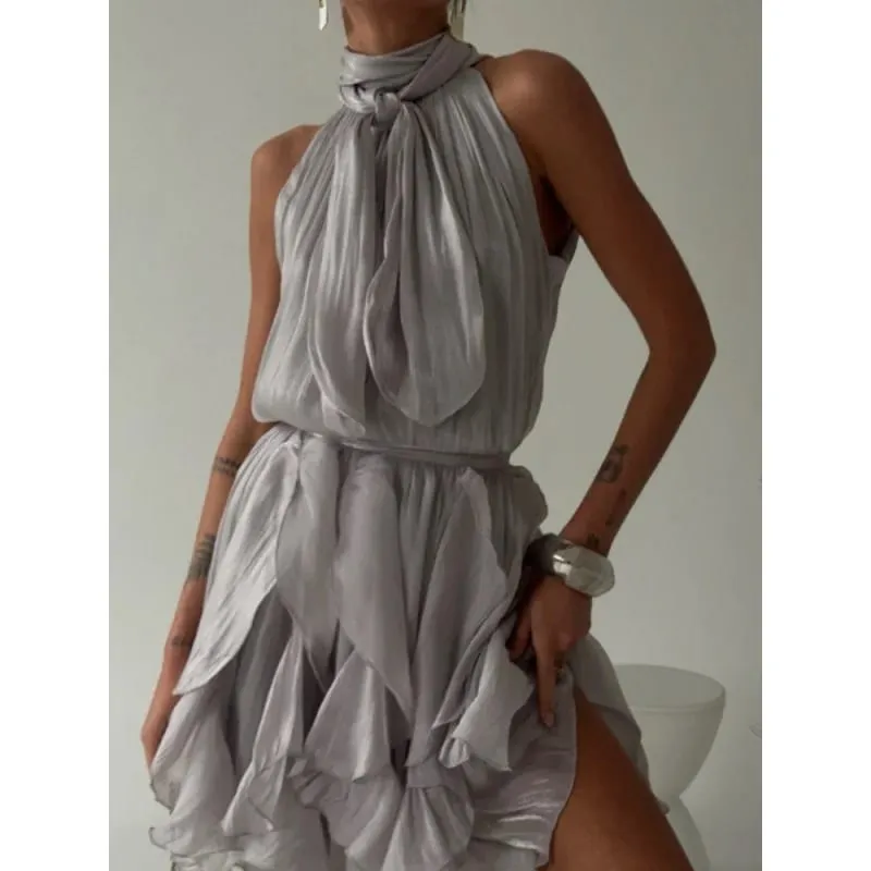 Sexy Cascading Ruffle Pleated Women's Mini Dress Fashion Lace Up Sleeveless Empire Female Dresses 2026 Spring Summer Lady