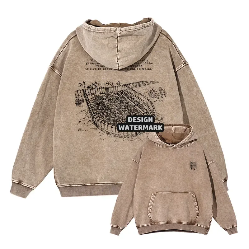 Anime Levi Hoodies Vintage Washed A-Attack on Titan Hoodie Casual Manga Yeager Eren Kapuzenpullover Titan Attack Pullover