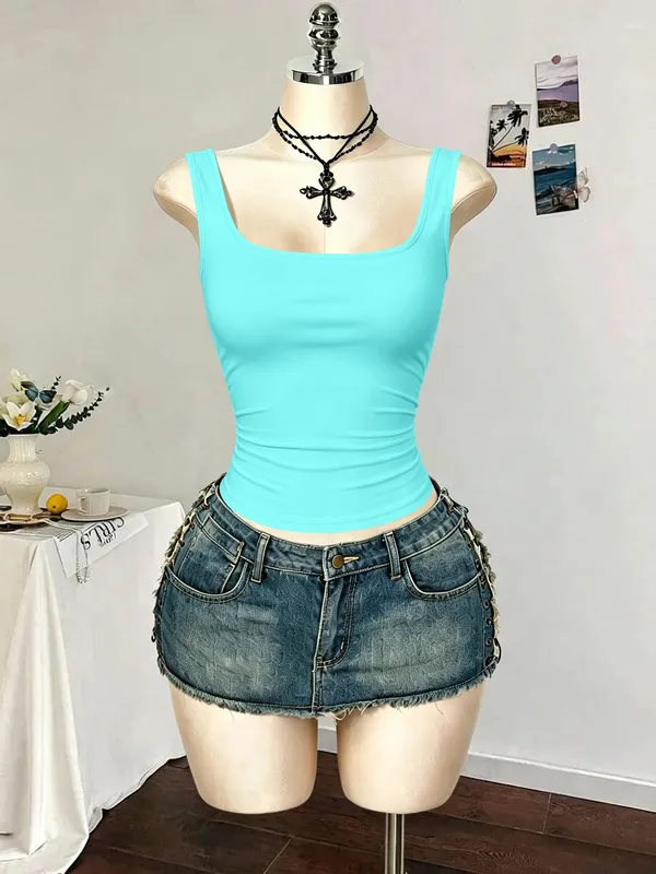 Women Square Neck Wide Strap Ribbed Tank Top Sleeveless Fitted Slim Casual Cami Top