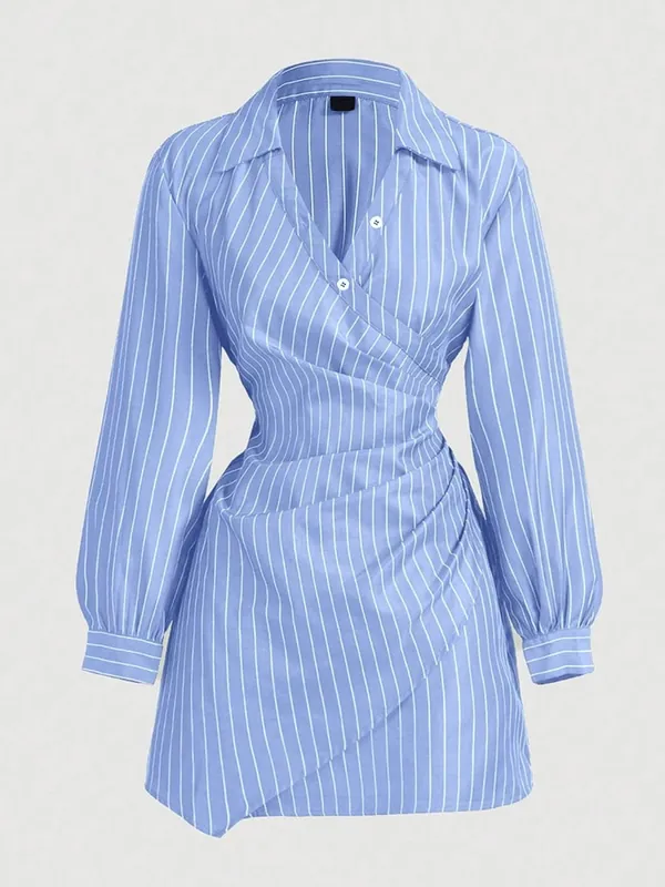 Abiti casual da donna Abito a camicia avvolgente in vita a righe a maniche lunghe Elegante mini abito leggero per brunch da ufficio primaverile estivo