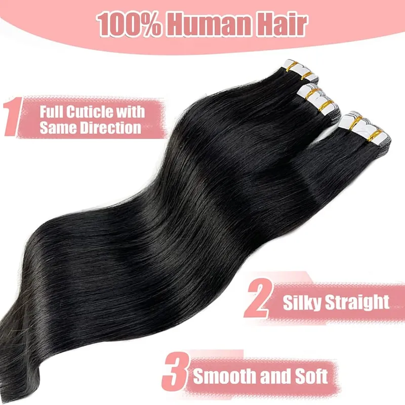 Straight Mini Tape In Human Hair Extensions Seamless Mini Tape 100% Natural Real Invisible Adhesive Tape Ins For Women 26 Inches