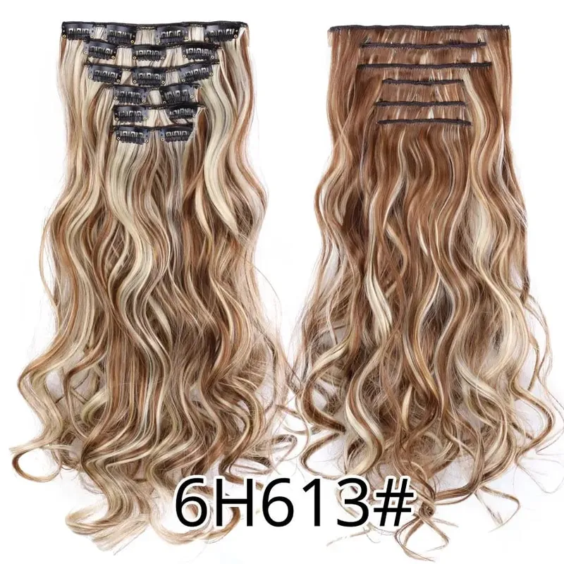 Black Clip In Extensions Straight 22" Long Synthetic Thick Clips On Hair Piece For Women 6Pcs/Set Curly Full Head Weddings Daily