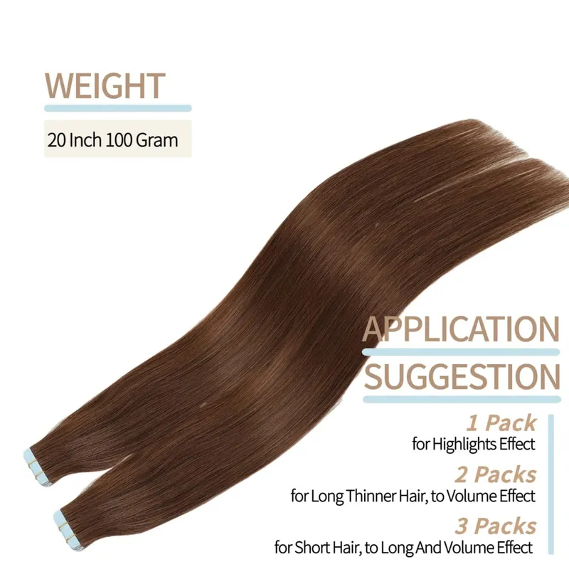 #4 Tape in Hair Extensions Human Hair Straight Hair extensions Real 100% Human Hair Tape in Extensions Brown 20Inch 20Pieces 50g