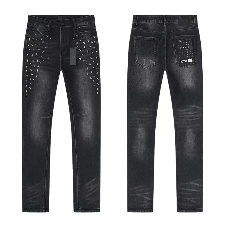 2026 RTA Men's Slim Fit Jeans Collection Distressed Ripped Paint Splatter Studded Patch Vintage Washed Streetwear Fashion Pants
