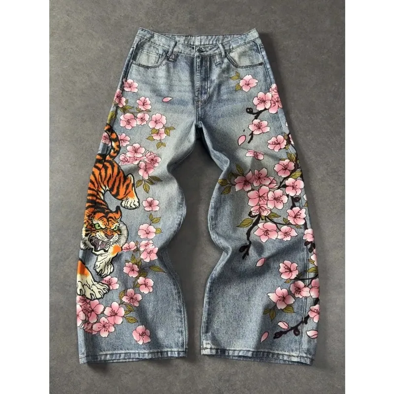 Y2K retro casual fashion high street pattern men's jeans floral tiger pattern loose high waist wide leg casual women's jeans
