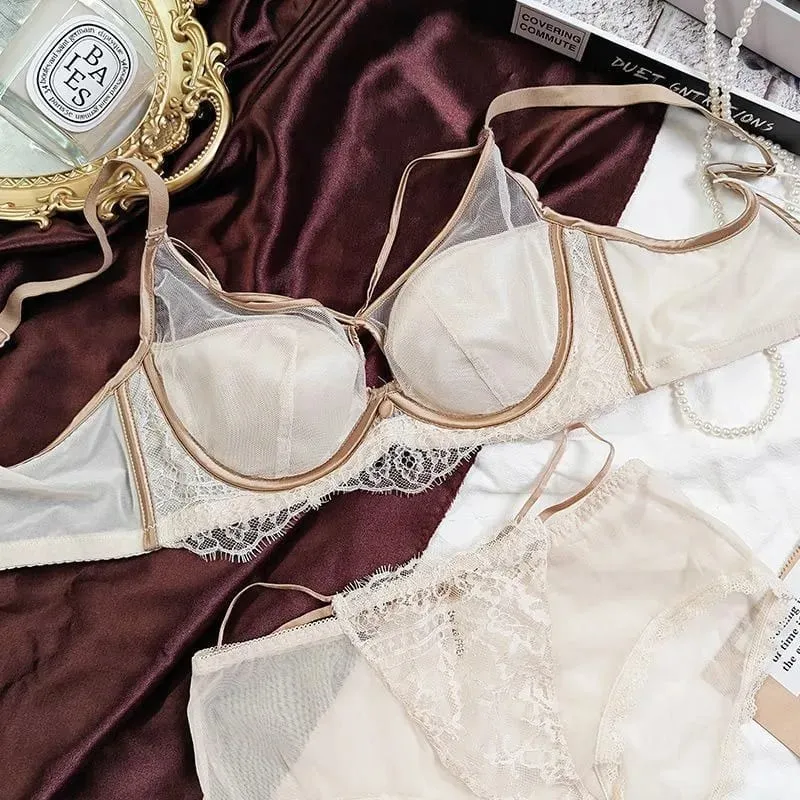 女性ランジェリーセット女性用レース薄型ブラジャーとパンティセット 2 ピーススチールリングプッシュアップギャザーレースベビードール衣装